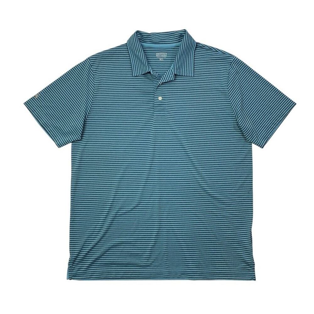 Brooks Brothers Polo Shirt Mens XL Water Blue Grey Striped Moisture Wicking Golf